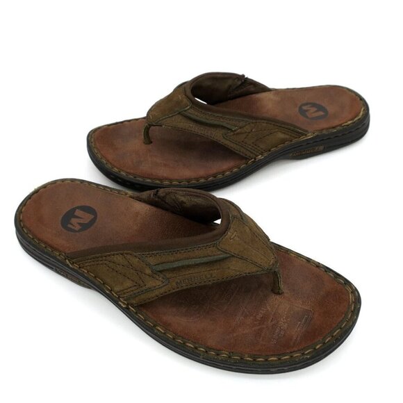 Merrell World Nomad Sandals Brown Leather Thong Flip Flops Men's 11 - Picture 1 of 4